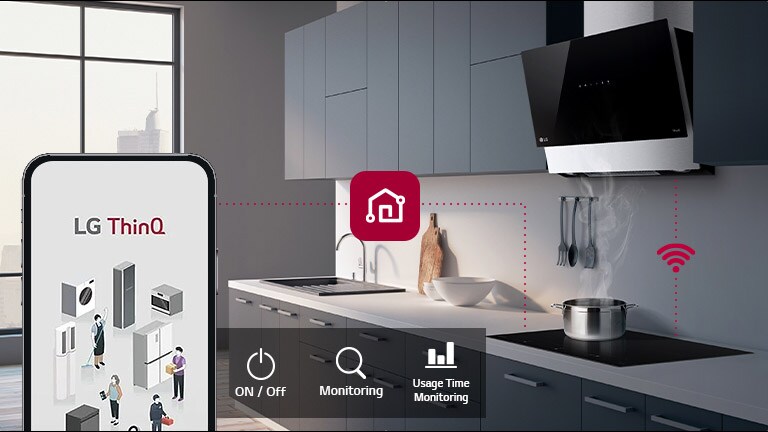 Cucina moderna con forno a induzione LG, monitoraggio tramite app LG ThinQ su smartphone, pentola sul fornello a destra.