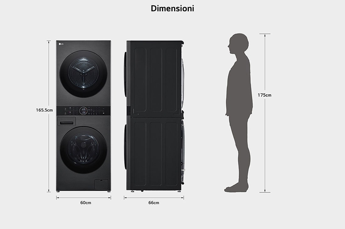 LG WashTower Colonna Bucato 12/10kg AI DD | Classe A-10% / C | Pannello unificato, TurboWash360,Pompa di calore | Nera, WT1210BBF