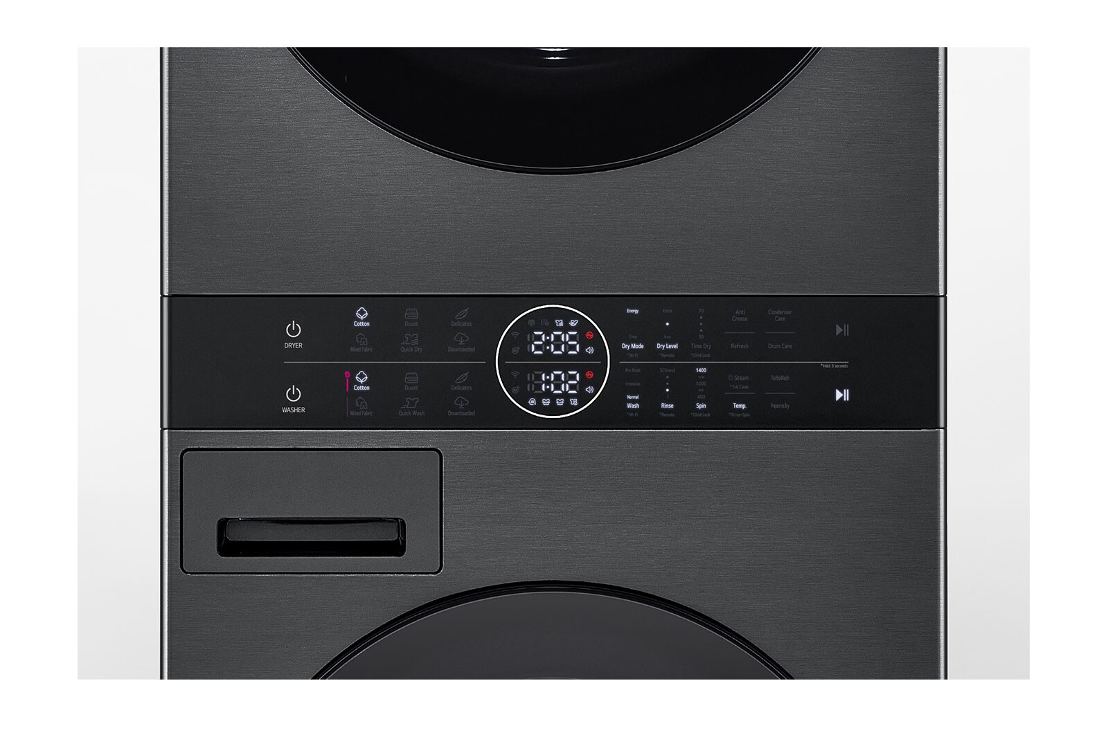 LG WashTower Colonna Bucato 12/10kg AI DD | Classe A-10% / A+++ | Pannello unificato, TurboWash360, Pompa di calore | Nera, WT1210BBF