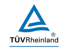  Logo TÜV Rheinland blu con triangolo stilizzato sopra il testo in basso al centro.
