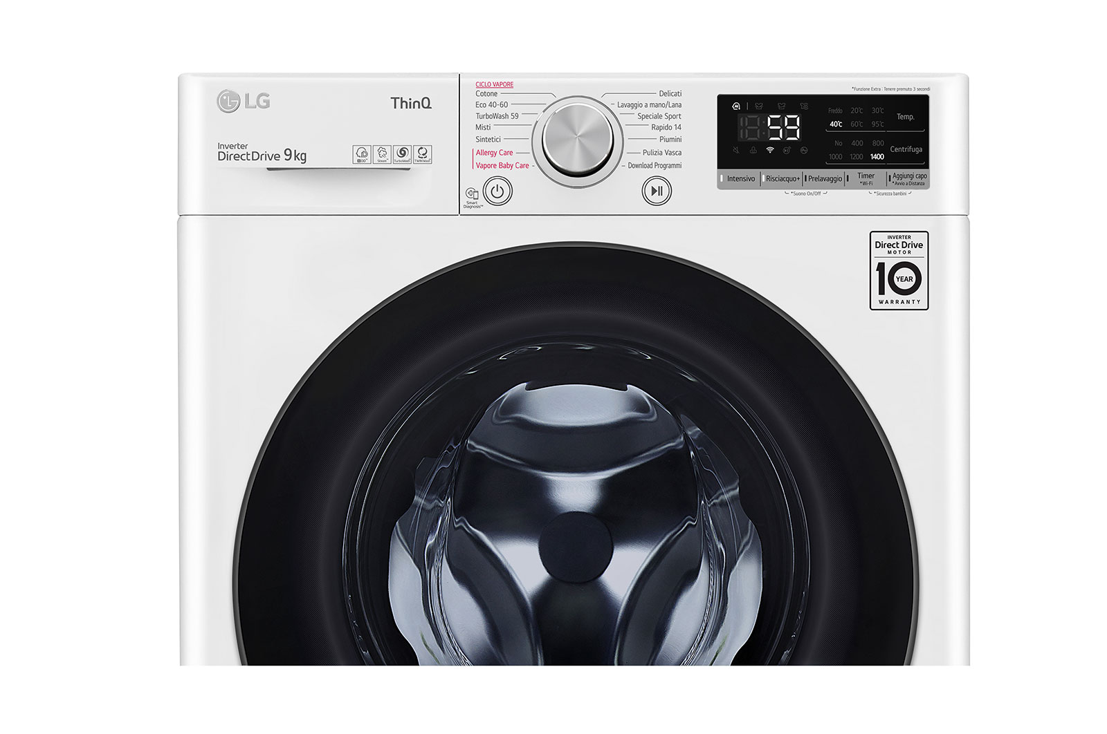 LG Lavatrice 9kg AI DD™ | Serie V5 Classe A/A/A | 1400 giri, TurboWash, Lavaggio a vapore, Wi-Fi | White, F4WV509SAE