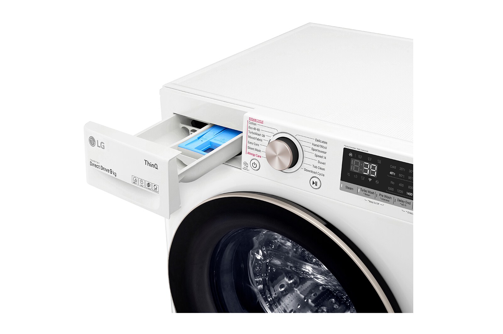 LG Lavatrice 9kg AI DD™ | Serie V7 Classe A-10%* | 1600 giri, TurboWash 360, Lavaggio a vapore, Wi-Fi | White, F6WV709SGA