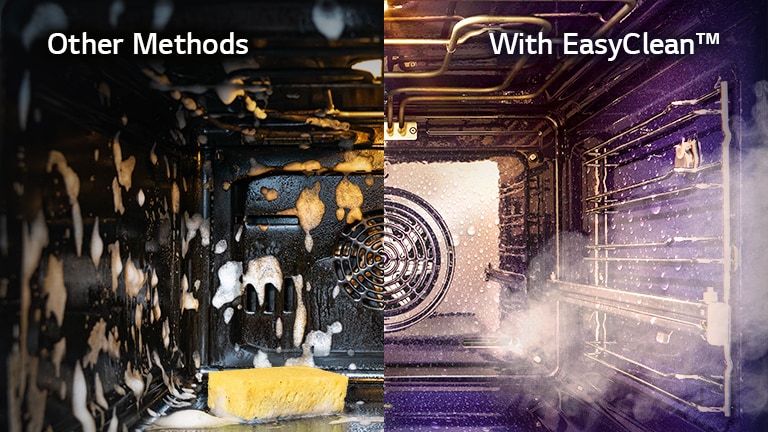 Un forno diviso a metà mostra la differenza tra i metodi tradizionali di pulizia e la tecnologia EasyClean™ di LG.