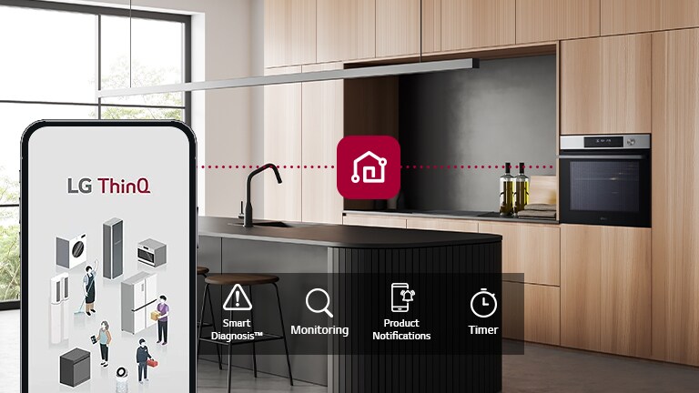 Immagine di un forno e di uno smartphone collegati tramite l'app ThinQ. Ci sono 4 icone che descrivono le funzioni smart del forno: diagnostica smart, monitoraggio, notifiche e timer.