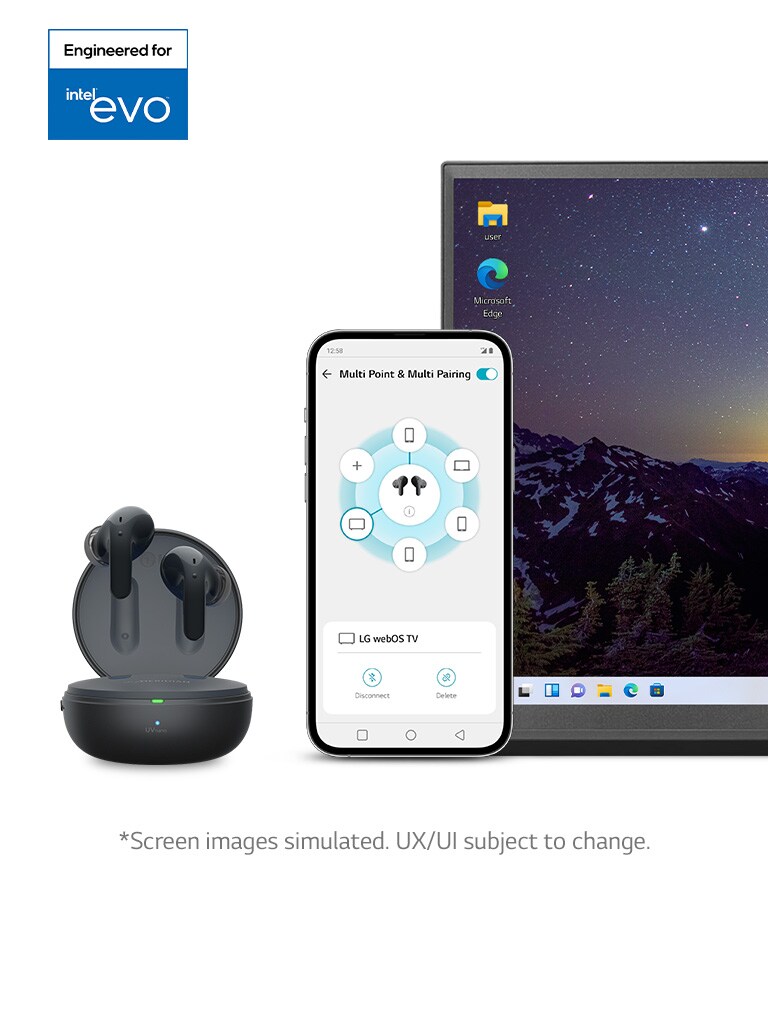 Gli auricolari fluttuano sopra a una custodia aperta. Accanto a essi appare uno smartphone con l'app TONE Free sullo schermo. Accanto a esso appare un TV, che mostra come è semplice passare da una connessione all’altra. Sulla sinistra appare il logo intel evo.