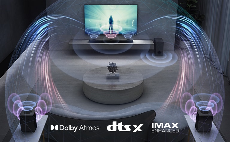 Il TV LG è sulla parete del soggiorno. Sullo schermo del TV viene riprodotto un film. La soundbar LG posizionata proprio sotto al TV su un ripiano grigio, con un subwoofer a fianco. Set di due altoparlanti posteriori sul retro del soggiorno. Le grafiche degli effetti sonori fuoriescono da ogni altoparlante. I loghi di Dolby Atmos e DTS:X e il logo IMAX Enhanced sono visualizzati nella parte inferiore al centro dell’immagine.