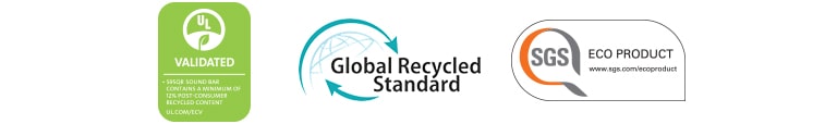 Da sinistra: UL VALIDATED (logo), Global Recycled Standard (logo), SGS ECO PRODUCT (logo).