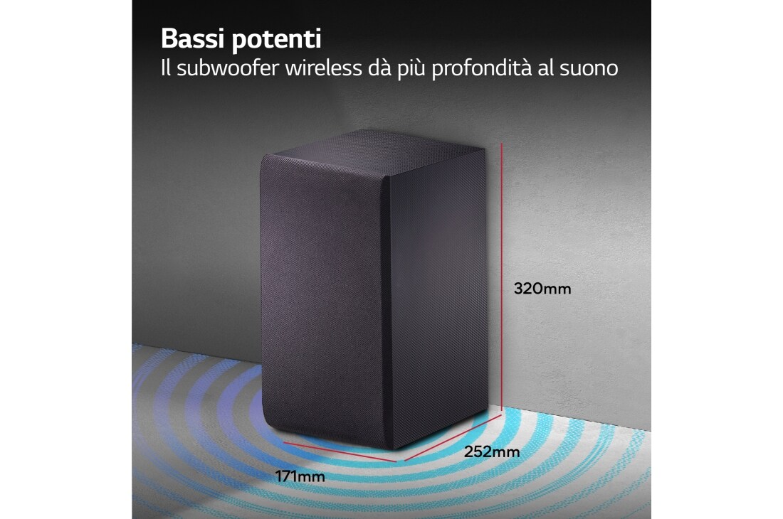 LG Soundbar SQC2 I 300W I 2.1 canali I Dolby Digital, Subwoofer wireless, Bluetooth, USB, Ottico, Jack 3,5mm, SQC2
