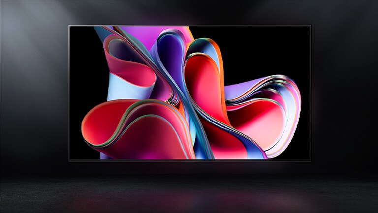 Un'immagine di LG OLED G3 su uno sfondo nero che mostra un'opera d'arte astratta rosa e viola.