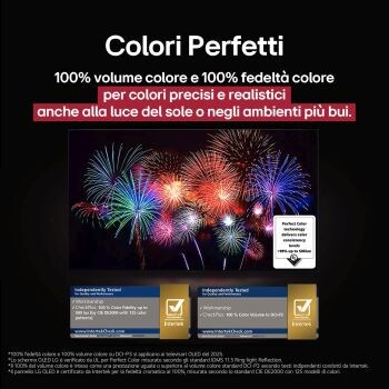 Pappagallo colorato in altissima definizione su sfondo nero. Gocce d’acqua sono sospese nell’aria tutt’intorno. L’immagine mostra il colore perfetto, in quanto ogni diversa tonalità sul corpo del pappagallo è nitida e vivida. Inoltre, lo sfondo scuro con gli schizzi d’acqua dettagliati mette in evidenza come lo schermo sia privo di riflessi. Sono visibili diverse certificazioni con logo UL e Intertek. Questi si riferiscono alla fedeltà del colore al 100%, al 100% di volume di colore e all’assenza di riflessi. Anche il testo è visibile, verifica il marchio di certificazione dei Colori perfetti.