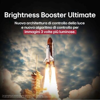 Uno space shuttle in fase di lancio da terra La scena è divisa a metà: una metà è leggermente più scura e opaca, l’altra metà mostra come le immagini dell’esplosione del razzo siano straordinariamente luminose sullo schermo di una LG OLED TV con la struttura di emissione della luce e l’architettura di controllo dell’illuminazione del Brightness Booster Max.