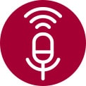 Microfono bianco al centro di un cerchio rosso, con onde sonore bianche che si espandono verso l'esterno.