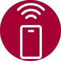Smartphone stilizzato bianco con onde di segnale su sfondo rosso circolare.