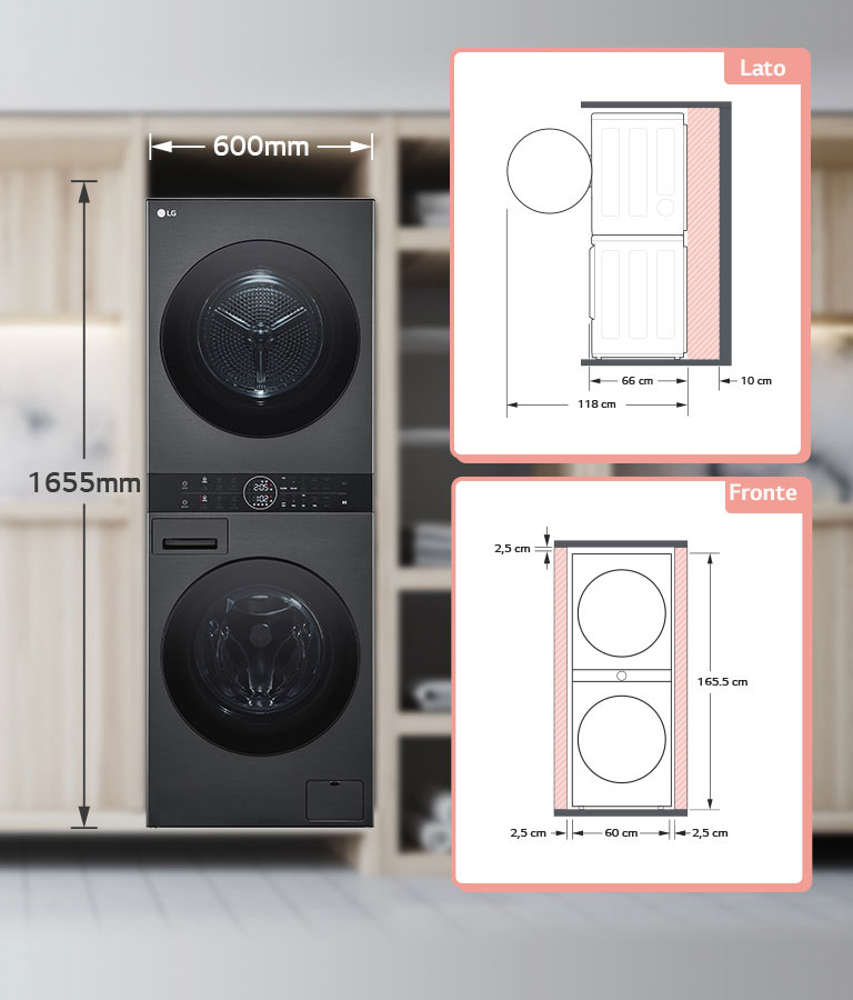 Lavatrice e asciugatrice LG combinate, alte 1655mm e larghe 600mm, posizionate in un armadio di una casa moderna.
