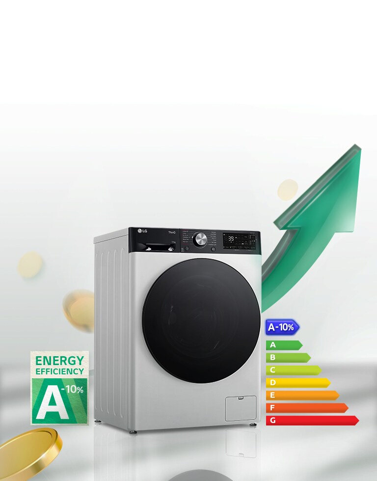 Lavatrice LG con efficienza energetica A-10%, freccia verde verso l'alto, classe energetica visualizzata.