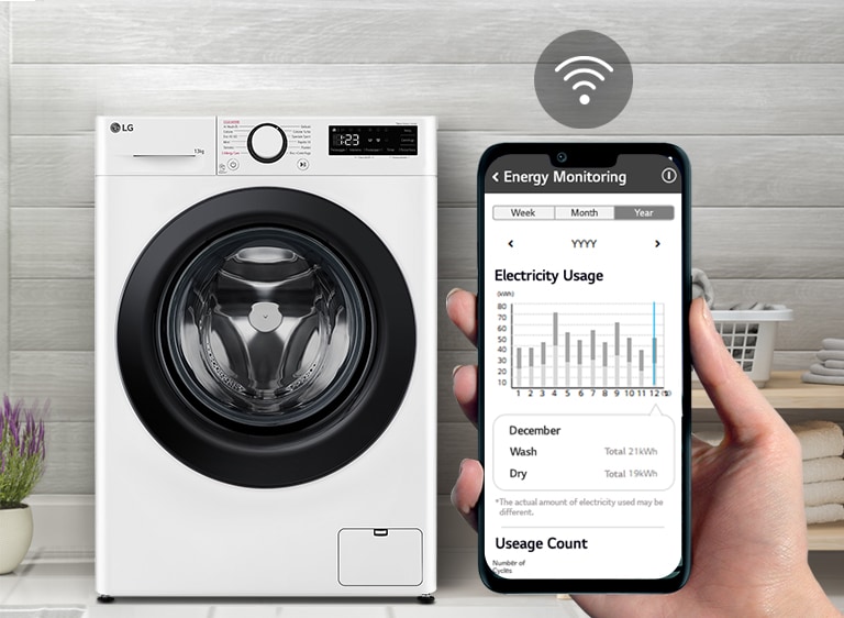 Foto di una lavatrice installata nel locale lavanderia. Si vede un mano con un telefono che mostra le informazioni relative alla lavatrice e il consumo di energia. Sullo schermo c'è anche il simbolo del Wi-Fi.