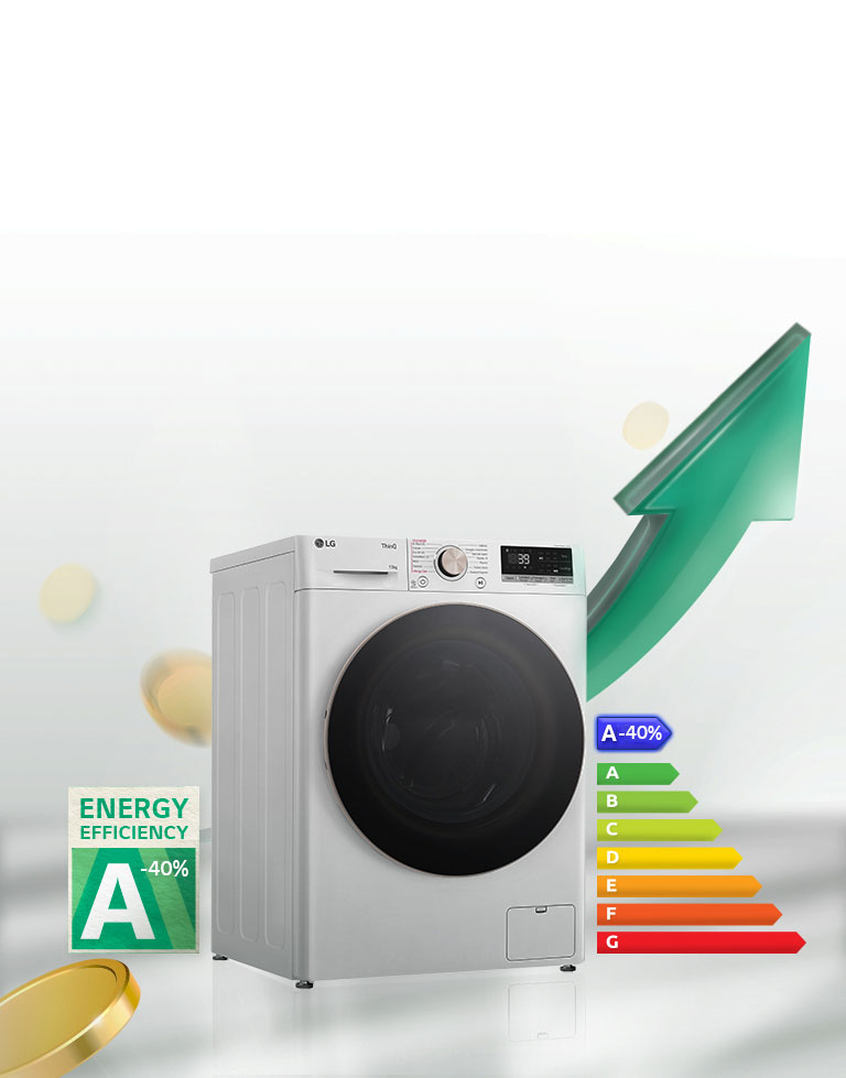 Lavatrice LG a carica frontale con alta efficienza energetica, classe A-40%, e un design moderno.