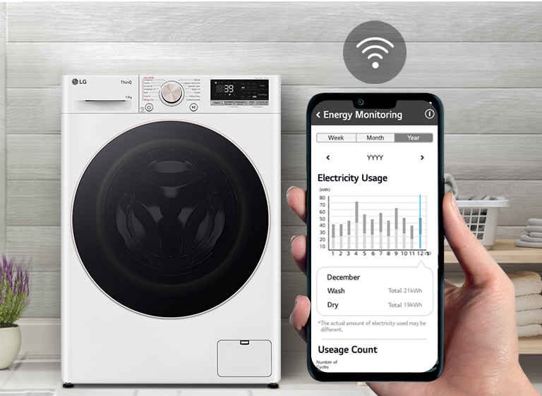 Foto di una lavatrice installata nel locale lavanderia. Si vede un mano con un telefono che mostra le informazioni relative alla lavatrice e il consumo di energia. Sullo schermo c'è anche il simbolo del Wi-Fi.