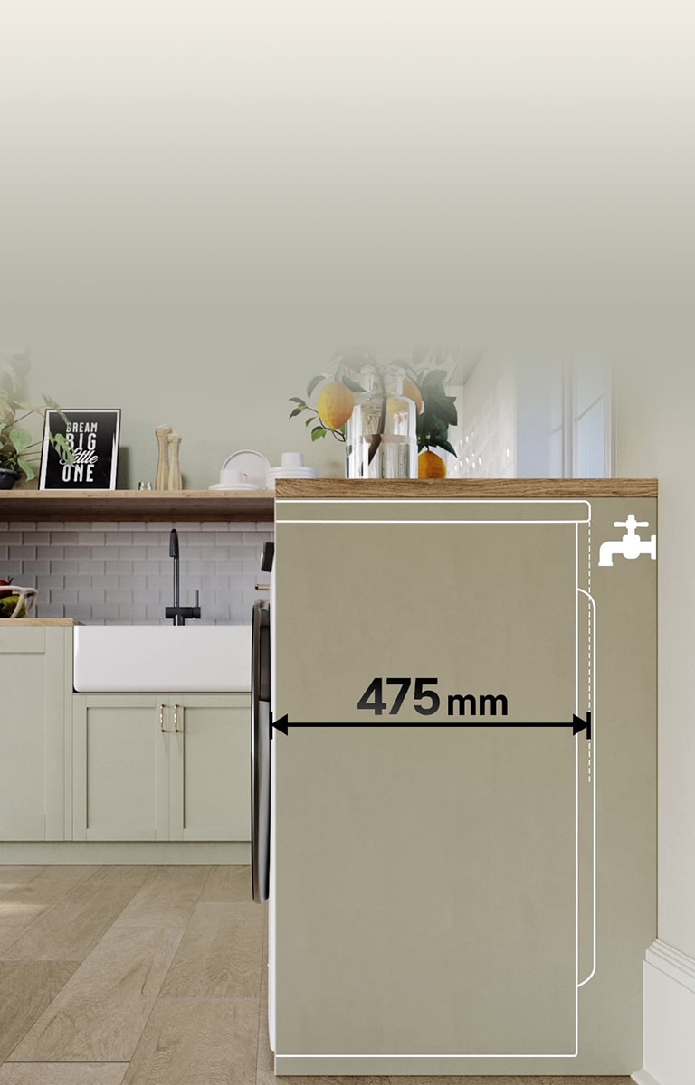 Cucina moderna con lavatrice LG integrata, larghezza 475 mm, accanto a un lavandino bianco e piante decorative.