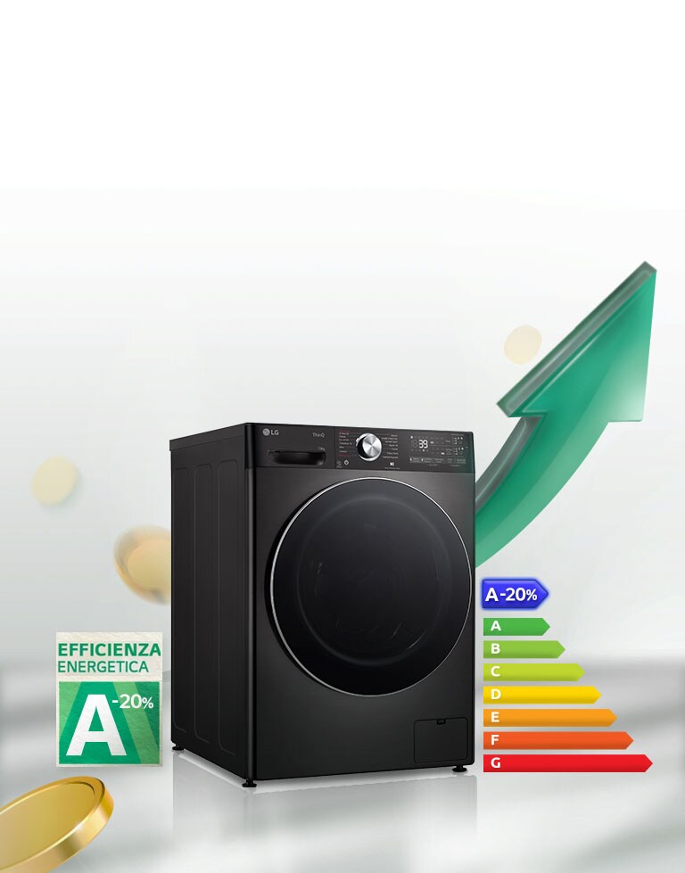 Lavatrice LG nera ad alta efficienza A-20%, freccia verde verso l'alto, indicatore di classe energetica a destra.
