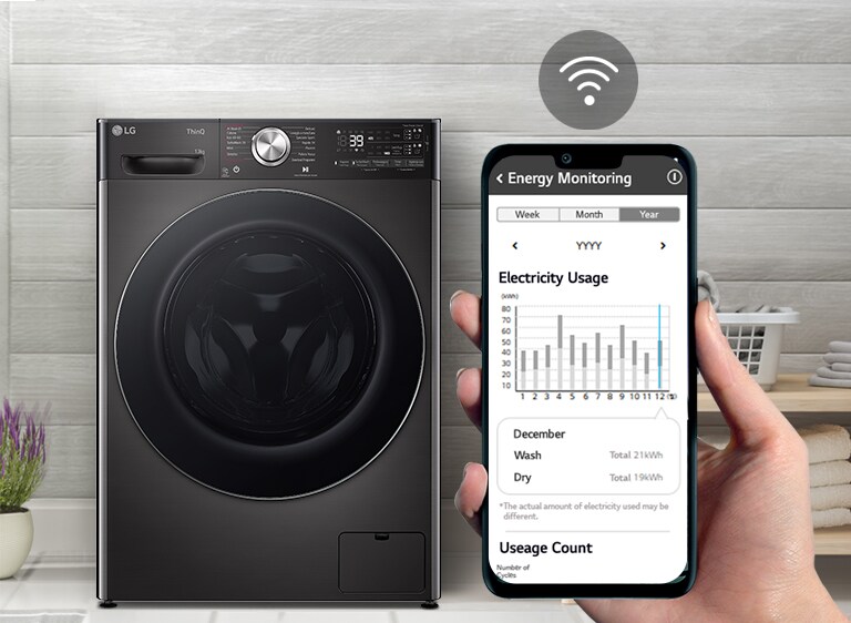 Lavatrice LG ThinQ nera con monitoraggio energetico tramite smartphone tenuto in mano nella lavanderia.