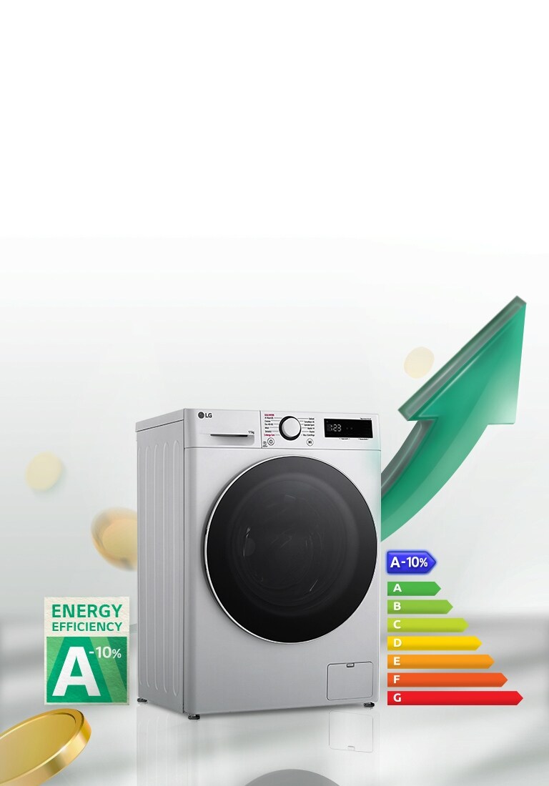 Lavatrice LG a carica frontale con alta efficienza energetica A-10% e freccia verde in aumento.