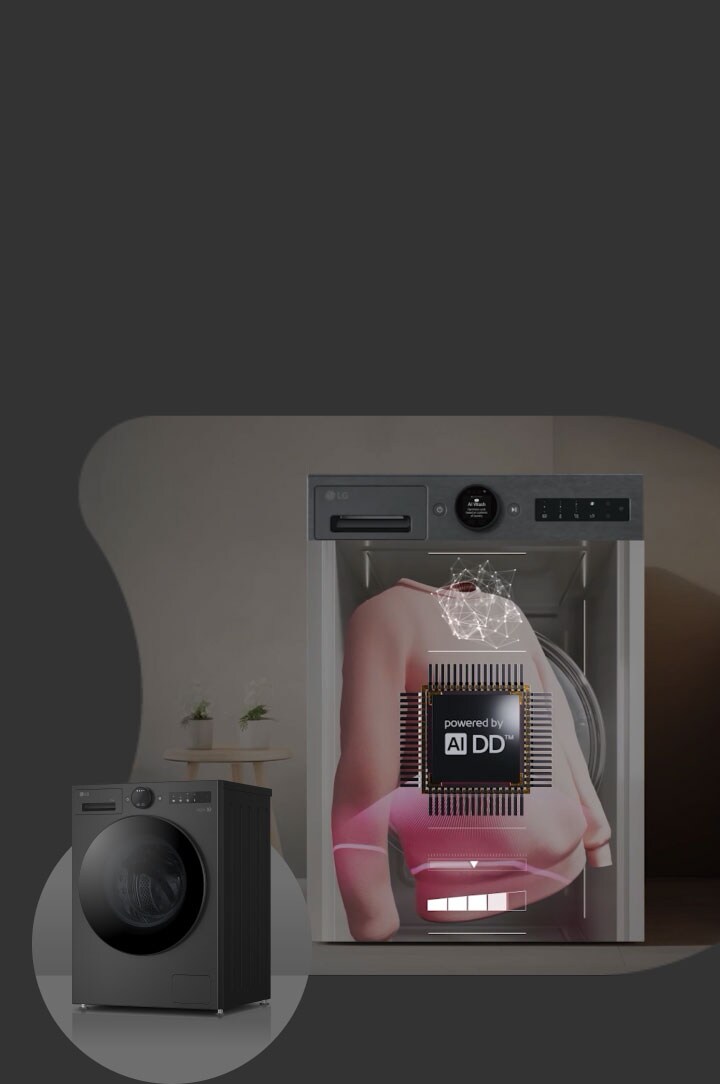 Due lavatrici LG; a sinistra una lavatrice con carica frontale di colore scuro, a destra è raffigurata una giacca rosa con chip AI DD e le icone 6 Motion sovrapposte