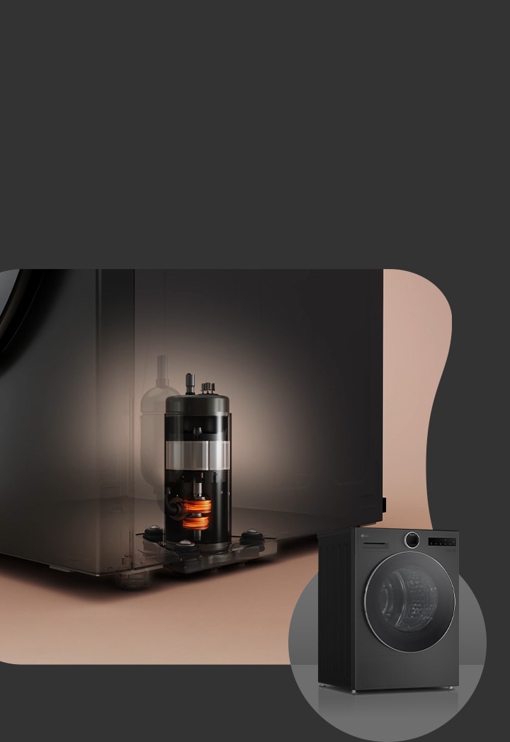 Asciugatrice LG con vista in sezione che mostra l’AI DUAL Inverter a sinistra e il modello con carica frontale completamente scuro a destra