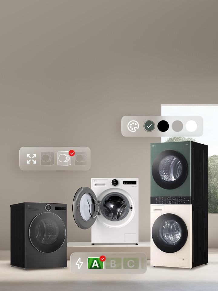 Gamma di lavatrici LG con icone che indicano colore, capacità e consumo energetico. Lavatrice bianca, asciugatrice nera e WashTower verde-beige