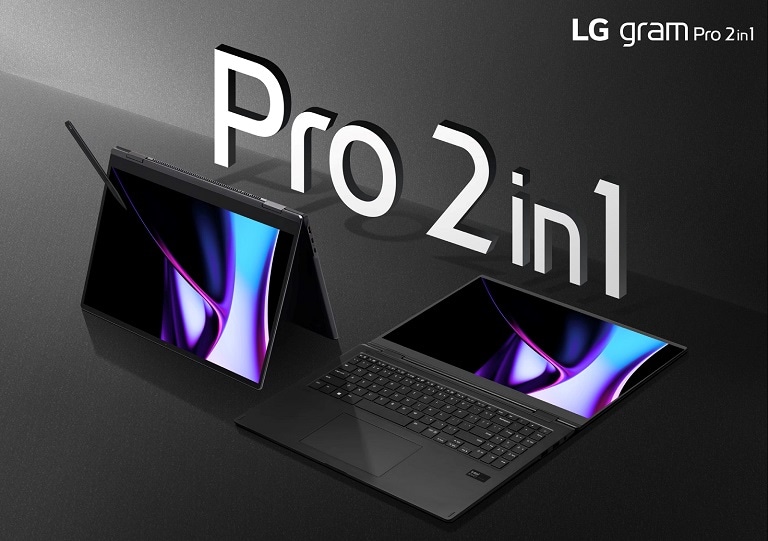 LG Gram Pro 2-in-1 in modalità laptop e tablet, che evidenzia la sua versatilità.