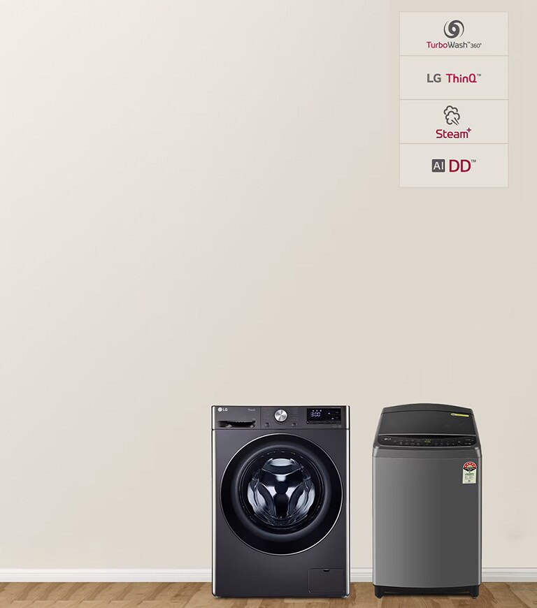 Lavatrice a carica frontale e dall'alto di LG esposte fianco a fianco con i loghi LG ThinQ, Steam+ e AI DD.