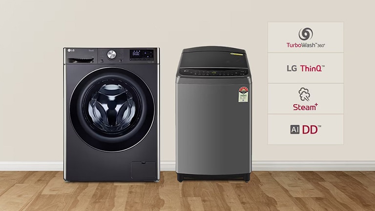 Lavatrice a carica frontale e dall'alto di LG esposte fianco a fianco con i loghi LG ThinQ, Steam+ e AI DD.