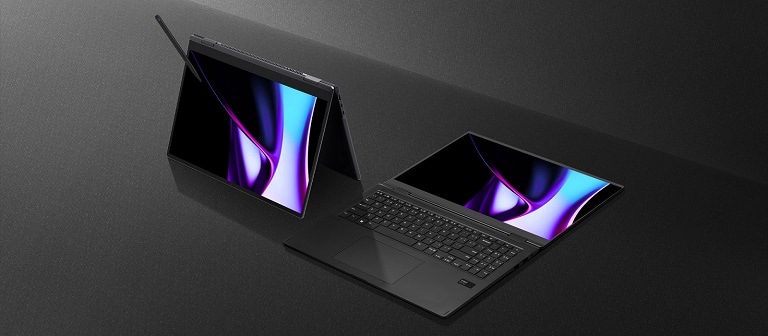 Two LG gram Pro 2in1 laptops are displayed on a dark surface, one in tent mode with a stylus and the other lying flat, both showing vibrant screens.