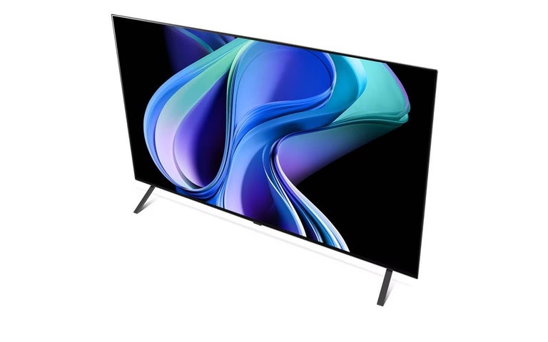 Un TV LG dallo schermo piatto, con inquadratura obliqua dall’alto, che mostra un’immagine astratta con figure sinuose nei toni del blu, viola e verde acqua. Il TV è caratterizzato da gambe sottili e una cornice raffinata, che ne esaltano lo stile moderno e minimalista.