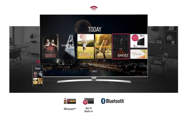 Un LG Smart TV che mostra l'interfaccia con film e app disponibili, insieme alle icone per Miracast, Wi-Fi integrato e Bluetooth, evidenziando le funzionalità di connettività e le caratteristiche smart.