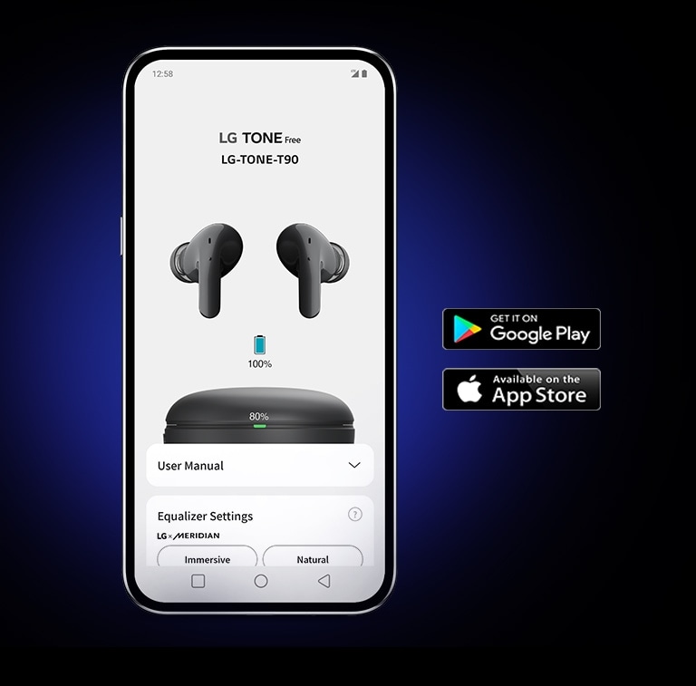 Uno smartphone mostra l’app LG TONE Free su sfondo scuro. Le icone “Made for iPhone” e “Disponibile su Google Play” vengono visualizzate sulla destra.