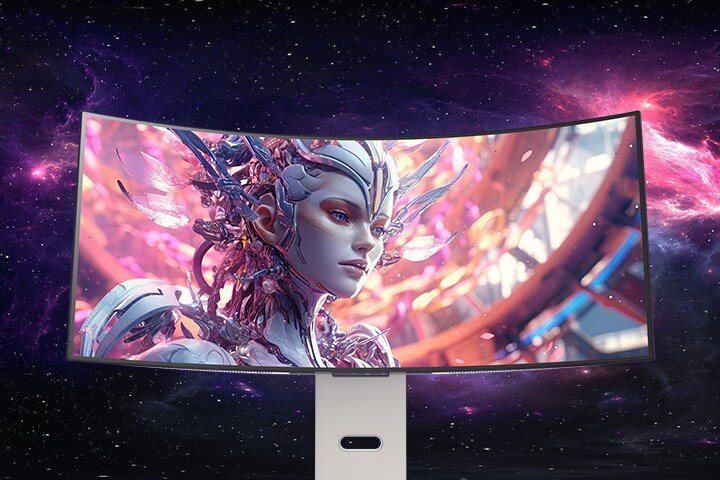 Un video animato che passa dalla vista frontale alla vista dall’alto di un monitor curvo.