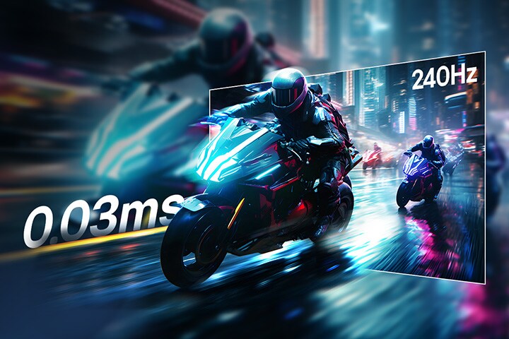 Scena di gioco di corse con una risposta estremamente veloce di 0,03 ms (GtG) e una frequenza di aggiornamento rapida di 240 Hz.