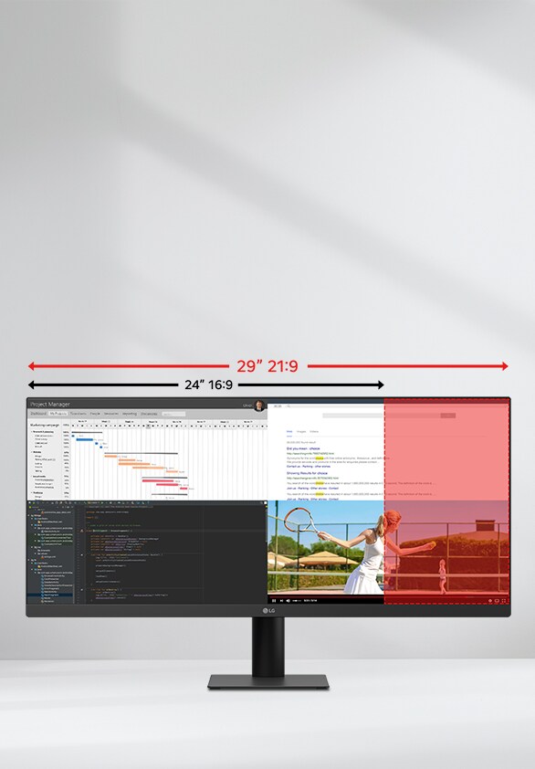Monitor LG UltraWide da 29 pollici che illustra la differenza tra il formato 21:9 e 16:9, con più applicazioni visualizzate una accanto all’altra per il multitasking.