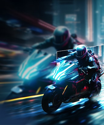 Un motociclista futuristico che sfreccia attraverso un paesaggio urbano illuminato al neon, con una sezione evidenziata che mostra una visuale più chiara e nitida per dimostrare la chiarezza del movimento.