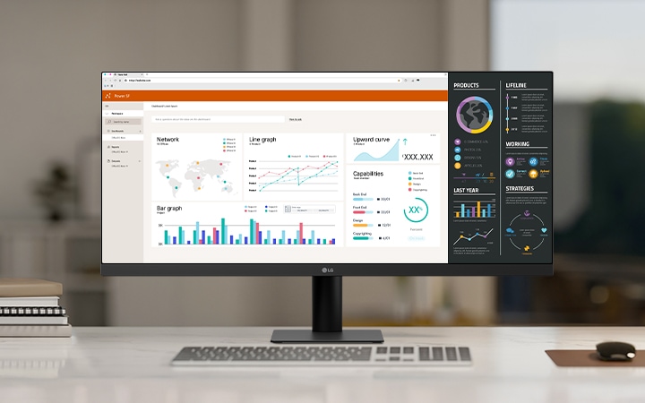Monitor LG UltraWide su una scrivania bianca in un ufficio moderno, su cui vengono visualizzate diverse dashboard di dati e grafici per la produttività e il multitasking.