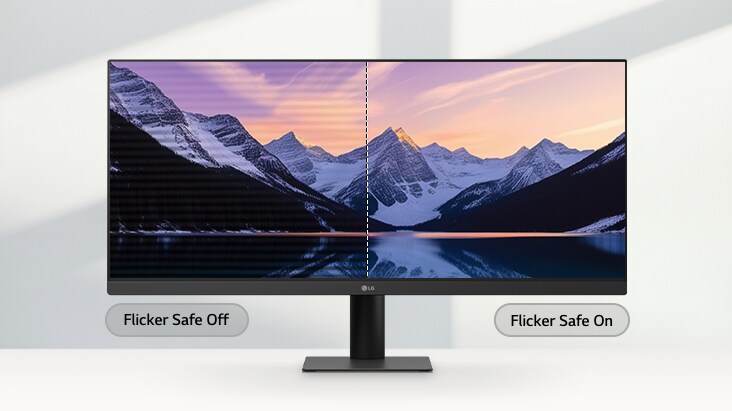 Monitor LG UltraWide che mostra un confronto a schermo diviso di un paesaggio montano, con il lato sinistro che mostra uno sfarfallio dello schermo e il lato destro che mostra un’immagine nitida e senza sfarfallio.