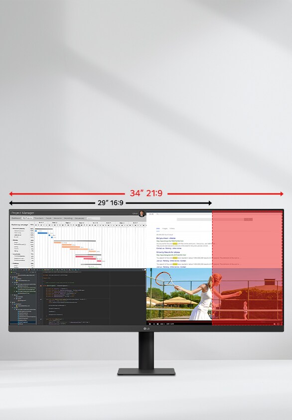 Monitor LG UltraWide da 34 pollici che illustra la differenza tra il formato 21:9 e 16:9, con più applicazioni visualizzate una accanto all’altra per il multitasking.