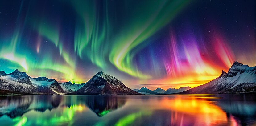 Un paesaggio vivido di aurore boreali che brillano sulle montagne innevate e il loro riflesso in un lago calmo, che mette in mostra colori e contrasti ad alta gamma dinamica.