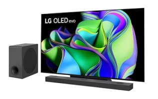 Un TV OLED LG da 55 pollici con soundbar e set di subwoofer insieme.