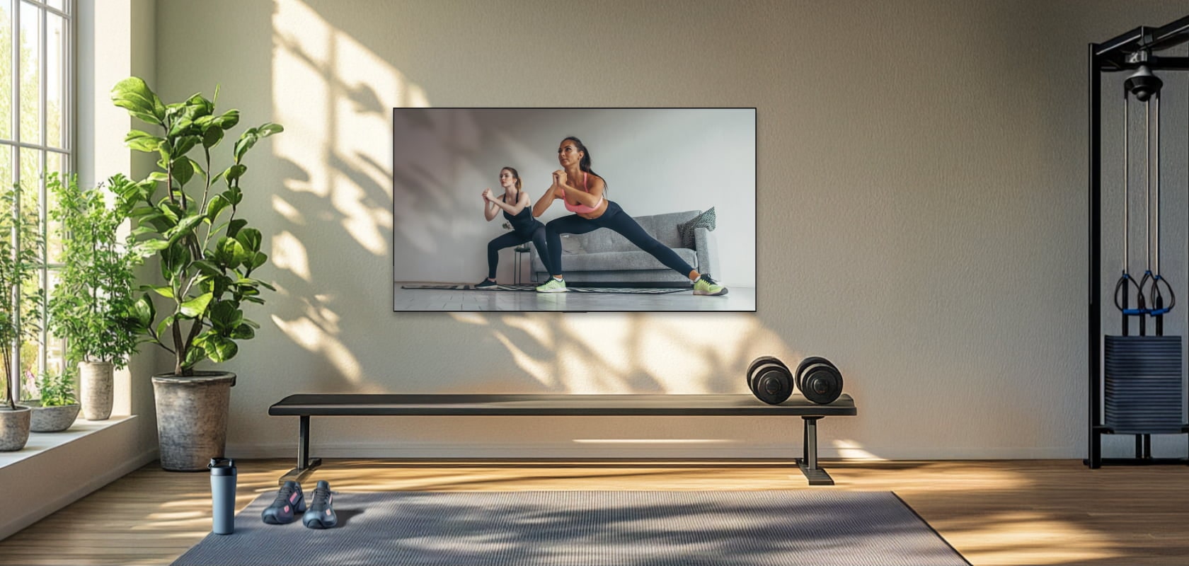 Palestra domestica con una TV LG OLED che mostra un programma fitness, panca da allenamento, manubri e piante per un ambiente fresco e attivo.