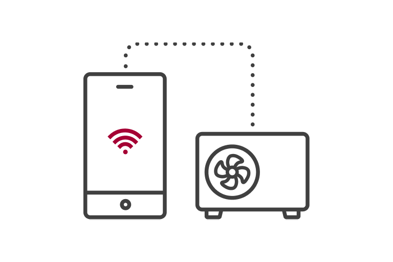 Uno smartphone che mostra il segnale WiFi si trova sulla sinistra, collegato a un'unità esterna split a pompa di calore aria-acqua LG sulla destra tramite una linea tratteggiata.