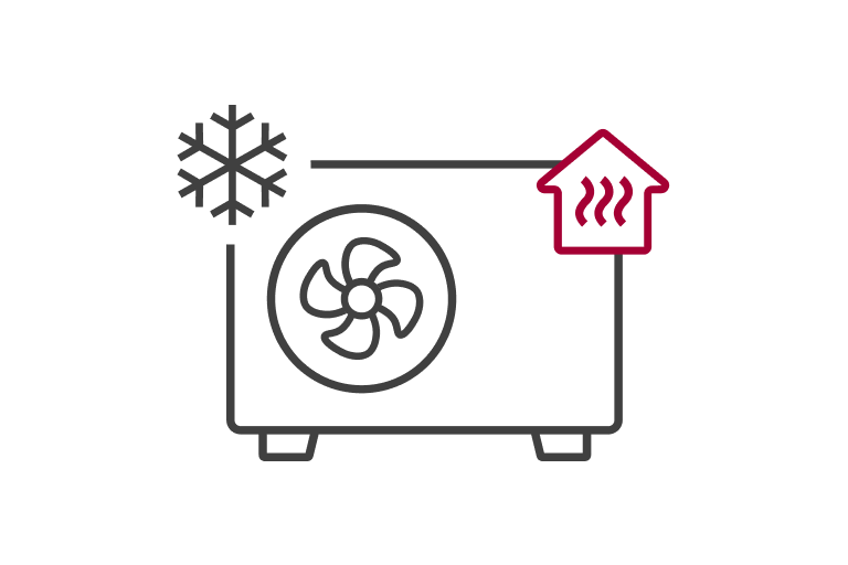 Un fiocco di neve in alto a sinistra e un pavimento con riscaldamento radiante a destra sono posizionati sopra il ventilatore della pompa di calore aria-acqua.