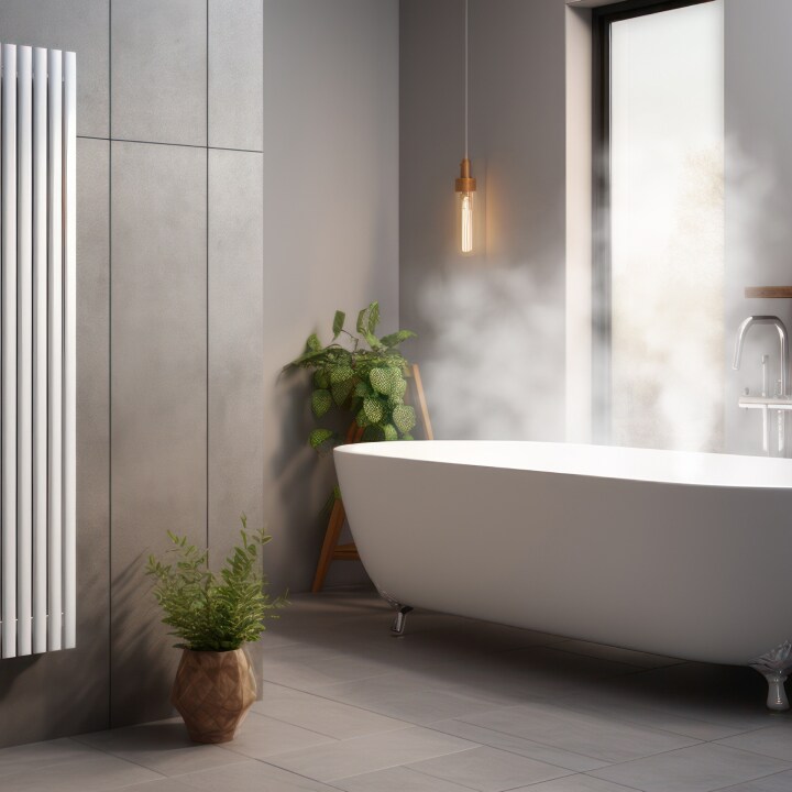 L’unità interna R290 è installata sul lato sinistro del bagno della residenza, mentre il vapore esce dalla vasca bianca sulla destra.