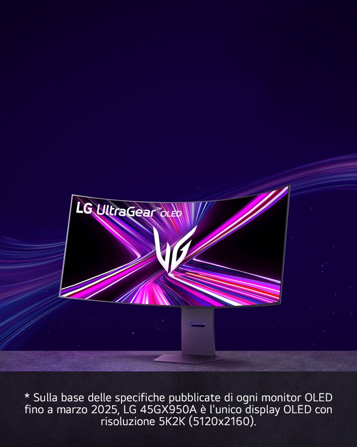 Monitor curvo LG UltraGear OLED con vivaci scie luminose viola e rosa, che promuove uno sconto del 5% per il primo display OLED 5K2K al mondo.